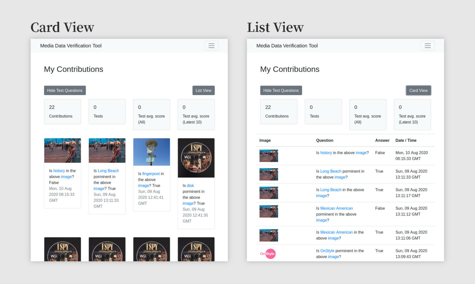 Card view compared to list view for “My Contributions” page